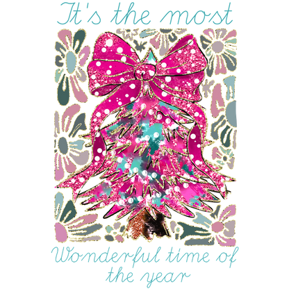 A vibrant, glittery design featuring a pink Christmas tree and floral accents, celebrating the "most wonderful time of the year."DTF Transfersdtf regular iron