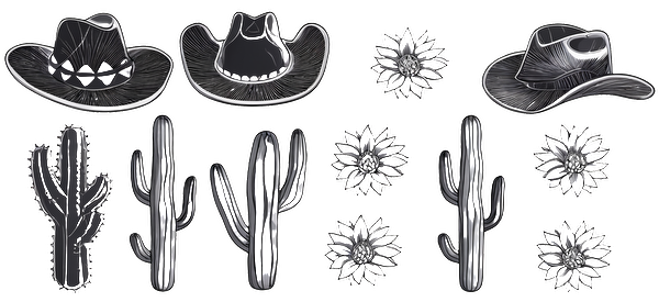 A charming collection of black and white illustrations featuring stylish cowboy hats and various cacti, perfect for western-themed designs.UV Transfers dtf transfers