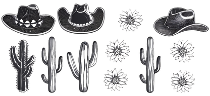 A charming collection of black and white illustrations featuring stylish cowboy hats and various cacti, perfect for western-themed designs.UV Transfers dtf transfers