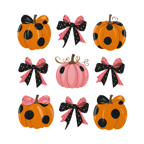 A festive collection of polka dot pumpkins and bows in vibrant orange, pink, and black, perfect for autumn decor. dtf transfers