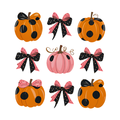 A festive collection of polka dot pumpkins and bows in vibrant orange, pink, and black, perfect for autumn decor. dtf transfers