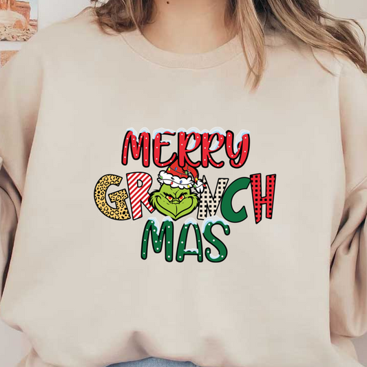 Celebrate the holiday season with this fun "Merry Grinch Mas" graphic featuring the iconic Grinch in festive colors!DTF Transfersdtf regular iron heat press transfers