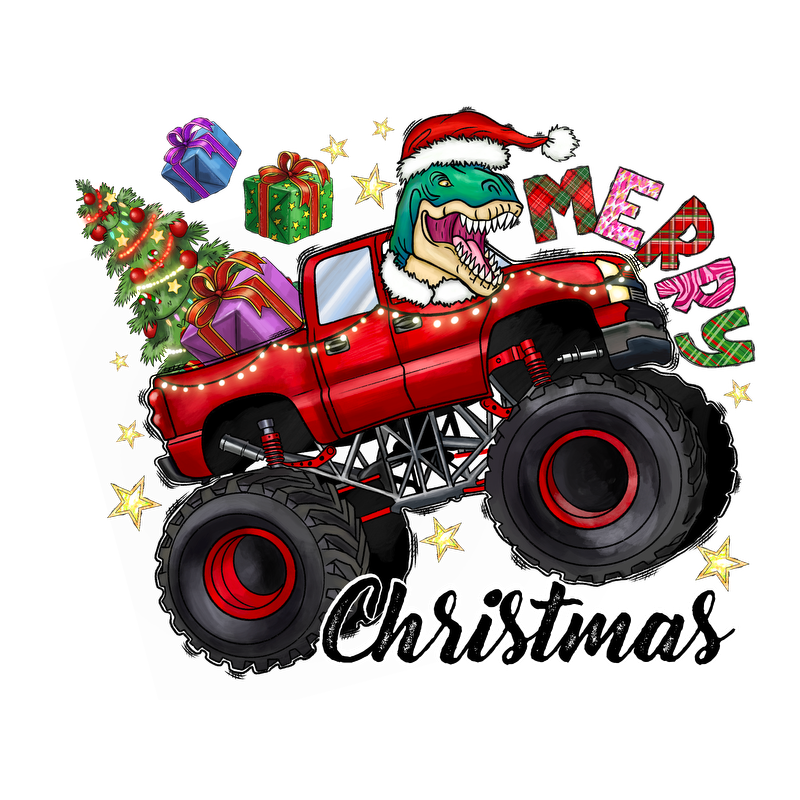 Celebrate the holidays with this festive design featuring a red monster truck, a dinosaur in a Santa hat, and Christmas gifts!DTF Transfers dtf transfers dtf transfers