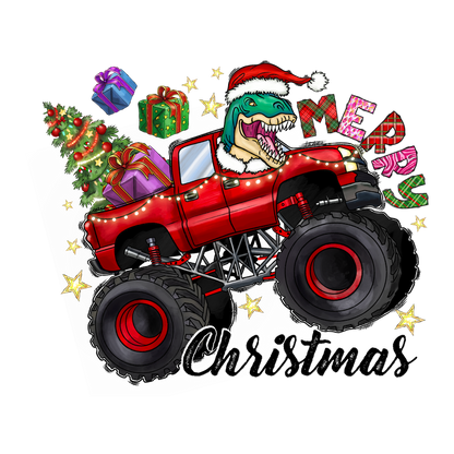 Celebrate the holidays with this festive design featuring a red monster truck, a dinosaur in a Santa hat, and Christmas gifts!DTF Transfers dtf transfers dtf transfers