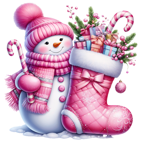 A cheerful pink-themed snowman stands beside a festive stocking filled with presents, candy canes, and holiday decorations. dtf transfers