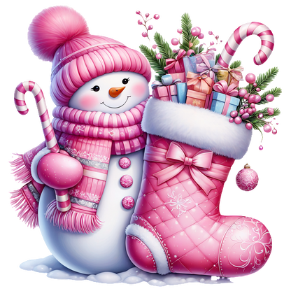 A cheerful pink-themed snowman stands beside a festive stocking filled with presents, candy canes, and holiday decorations. dtf transfers