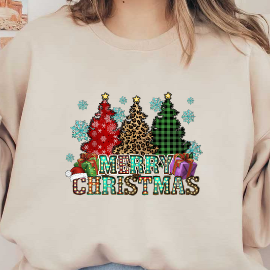 Celebrate the festive season with this vibrant "Merry Christmas" design featuring colorful trees, snowflakes, and wrapped gifts!DTF Transfers heat press transfersdtf regular iron