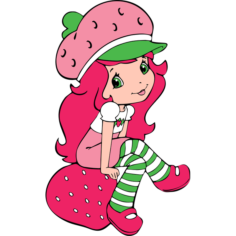 Meet the cheerful Strawberry Shortcake, sporting a strawberry-themed hat, pink hair, and whimsical striped stockings, ready for fun adventures!DTF Transfers