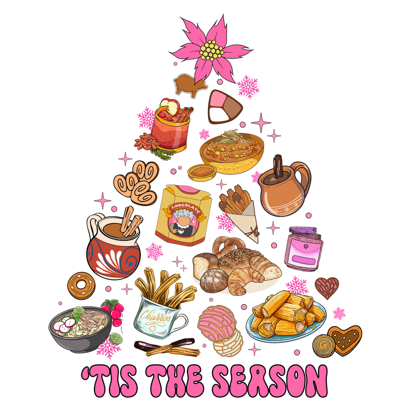 This vibrant holiday-themed illustration features an assortment of delicious foods, sweets, and drinks arranged in a festive tree shape.DTF Transfersdtf regular iron