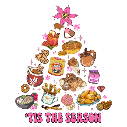 This vibrant holiday-themed illustration features an assortment of delicious foods, sweets, and drinks arranged in a festive tree shape.DTF Transfersdtf regular iron