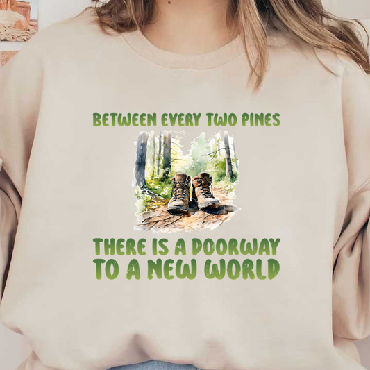 A pair of hiking boots rests on a forest floor, accompanied by an inspiring quote about exploration and new beginnings.dtf regular iron