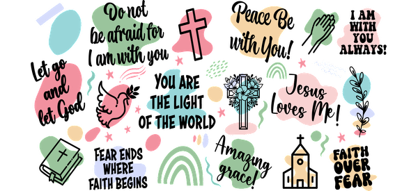 A vibrant collection of colorful faith-based stickers featuring uplifting messages, symbols, and illustrations, perfect for personalizing items.UV Transfers dtf prints