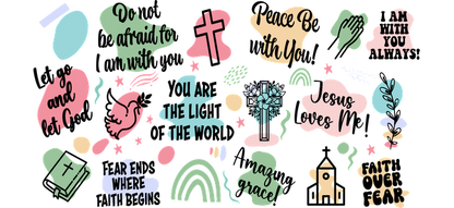 A vibrant collection of colorful faith-based stickers featuring uplifting messages, symbols, and illustrations, perfect for personalizing items.UV Transfers dtf prints