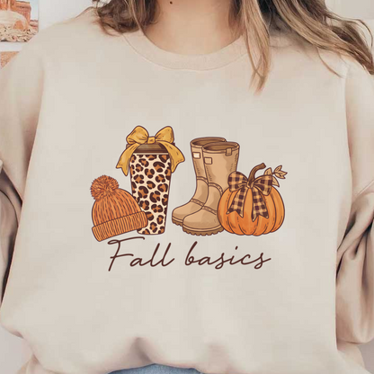 Cozy fall essentials featuring a leopard print coffee cup, warm beanie, stylish boots, and a pumpkin with a bow. heat press transfers