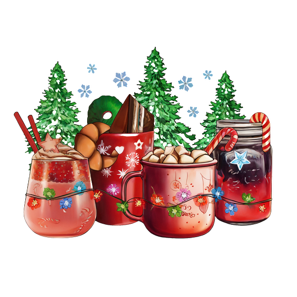 A festive collection of colorful holiday drinks featuring marshmallows, candy canes, and decorative elements, surrounded by snowflakes and trees. dtf transfers