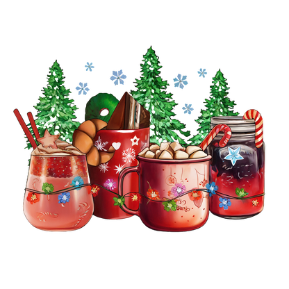 A festive collection of colorful holiday drinks featuring marshmallows, candy canes, and decorative elements, surrounded by snowflakes and trees. dtf transfers