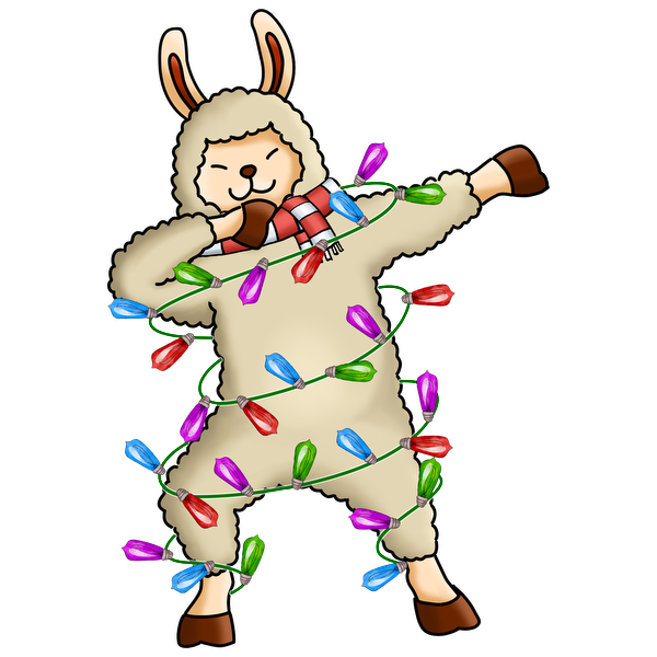 A cheerful cartoon llama, wrapped in colorful Christmas lights, playfully dancing while wearing a festive scarf. heat press transfers