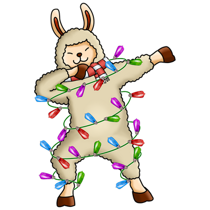 A cheerful cartoon llama, wrapped in colorful Christmas lights, playfully dancing while wearing a festive scarf. heat press transfers