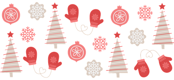 A cheerful Christmas-themed pattern featuring decorated trees, mittens, snowflakes, and ornaments in red and white hues.UV Transfers dtf transfers