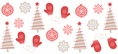 A cheerful Christmas-themed pattern featuring decorated trees, mittens, snowflakes, and ornaments in red and white hues.UV Transfers dtf transfers