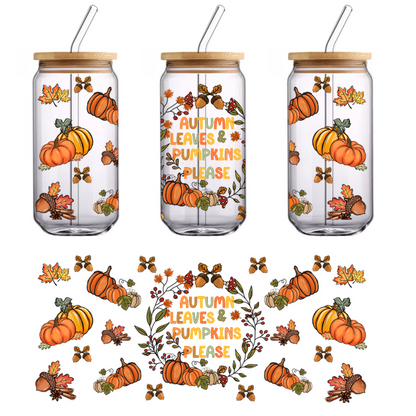 Celebre la temporada con esta vibrante obra de arte con temática otoñal que incluye calabazas, hojas y colores alegres. Transferencias UV
