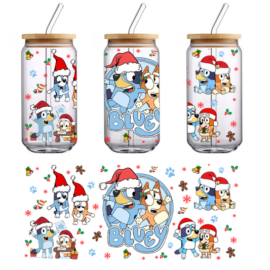 Festively themed illustration of animated characters from "Bluey," wearing Santa hats and surrounded by Christmas decorations and playful scenes.UV Transfersdtf regular iron