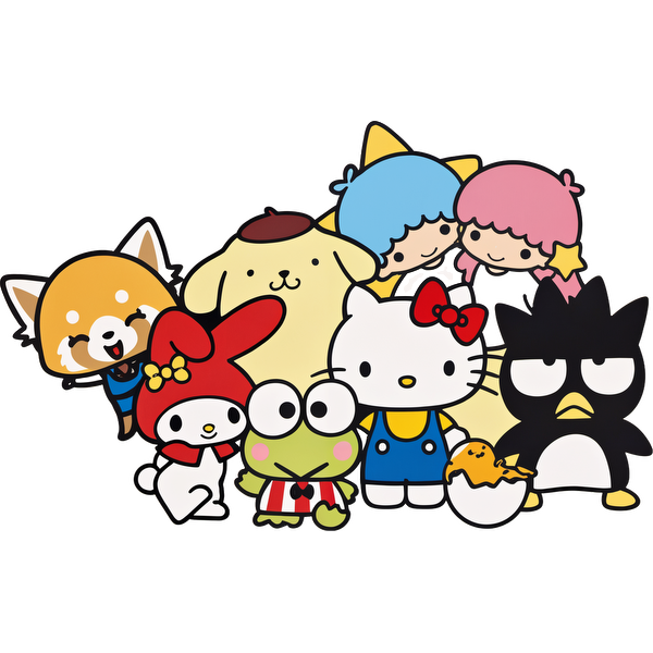 A vibrant group of adorable Sanrio characters, including Hello Kitty and My Melody, showcasing their playful and colorful personalities.DTF Transfersdtf regular iron