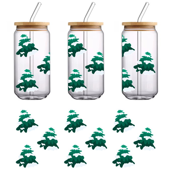 A charming arrangement of nine stylized evergreen trees, each topped with white snow, perfect for winter-themed designs.UV Transfers heat press transfers