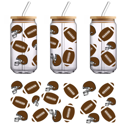 A playful pattern featuring brown footballs and helmets, perfect for sports-themed decorations or apparel.UV Transfersdtf regular iron