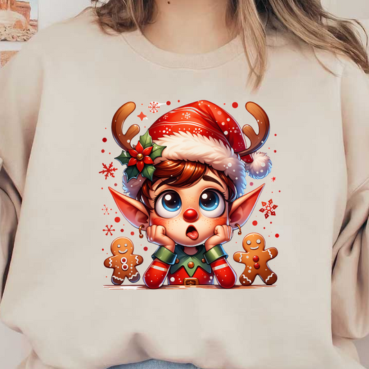 A whimsical Christmas elf with antlers and a festive hat, gazes happily at gingerbread cookies surrounded by holiday decorations.DTF Transfers heat press transfers