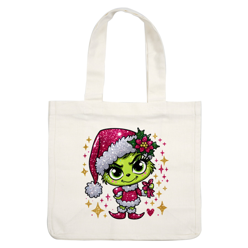 A playful green character in a sparkling pink Santa outfit, complete with a festive hat and holly, holding a gift.DTF Transfers heat press transfers