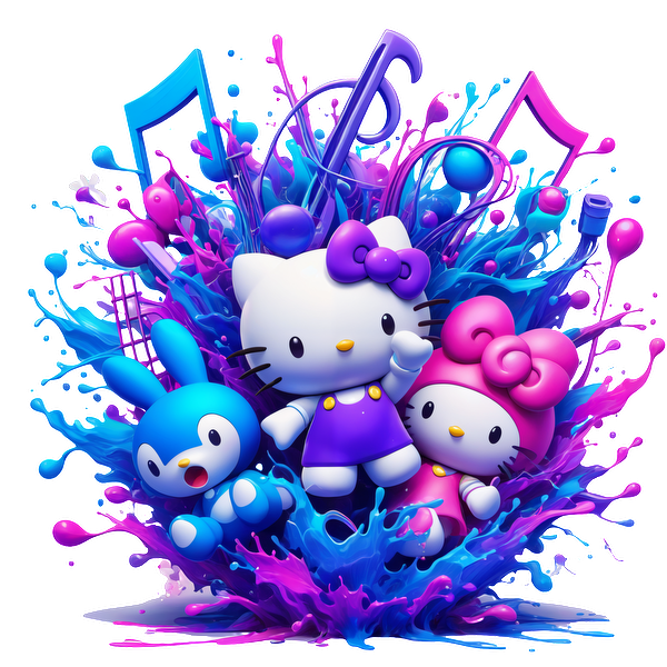 A vibrant, playful scene featuring Hello Kitty and friends surrounded by colorful splashes and musical notes.DTF Transfers dtf transfers