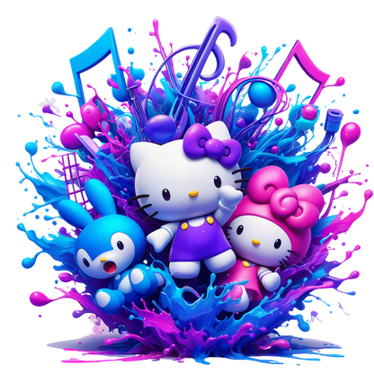 A vibrant, playful scene featuring Hello Kitty and friends surrounded by colorful splashes and musical notes.DTF Transfers dtf transfers