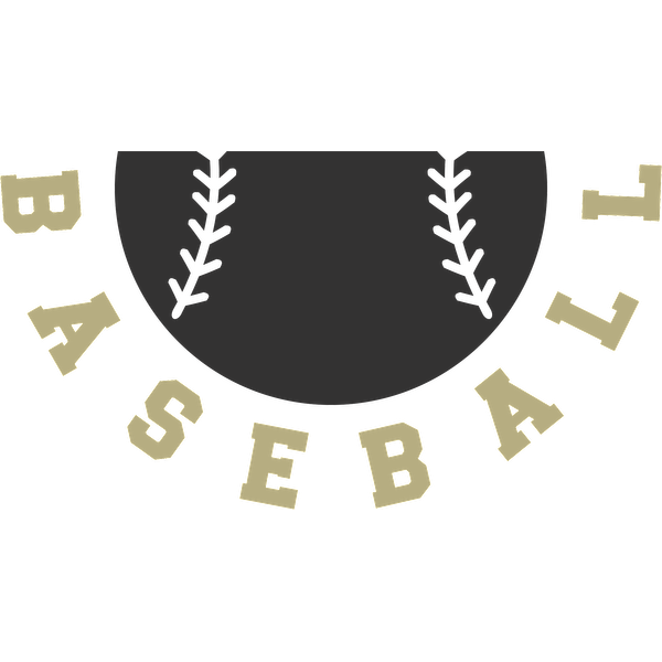 Un gráfico elegante con temática de béisbol que presenta media pelota de béisbol con costuras cosidas y la palabra "BASEBALL" dispuesta de manera creativa a su alrededor. Transferencias DTF