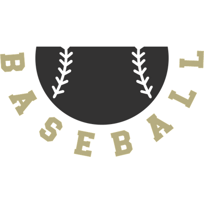 Un gráfico elegante con temática de béisbol que presenta media pelota de béisbol con costuras cosidas y la palabra "BASEBALL" dispuesta de manera creativa a su alrededor. Transferencias DTF