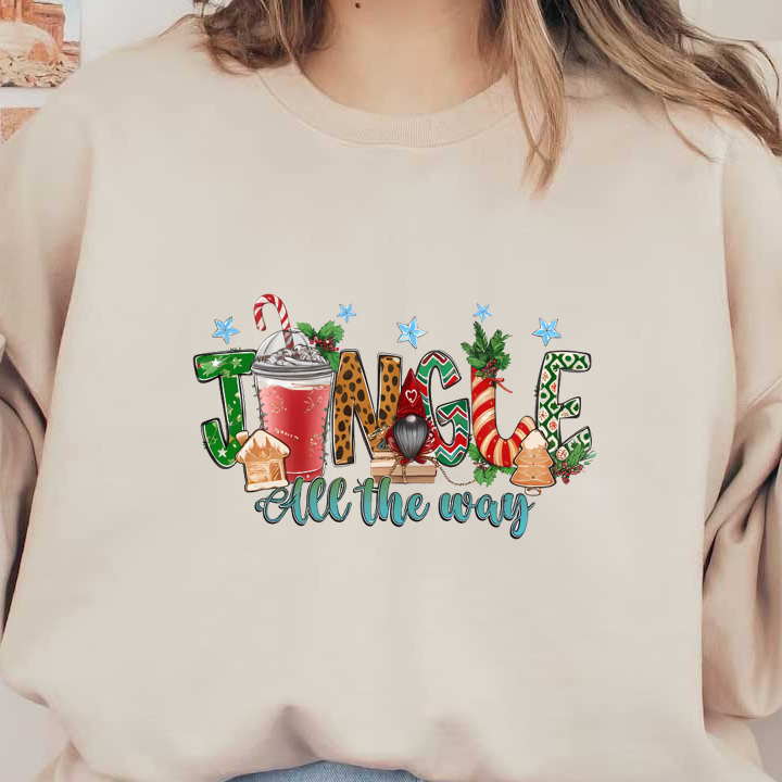 Festive "Jingle All the Way" design featuring colorful letters, holiday treats, and a cozy drink, perfect for the season! dtf transfers