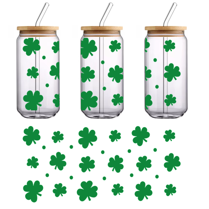 A vibrant pattern of green shamrocks, perfect for celebrating St. Patrick's Day or adding a touch of luck to your designs.UV Transfersdtf regular iron