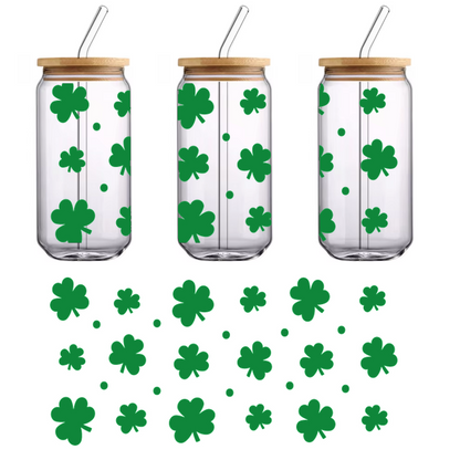 A vibrant pattern of green shamrocks, perfect for celebrating St. Patrick's Day or adding a touch of luck to your designs.UV Transfersdtf regular iron