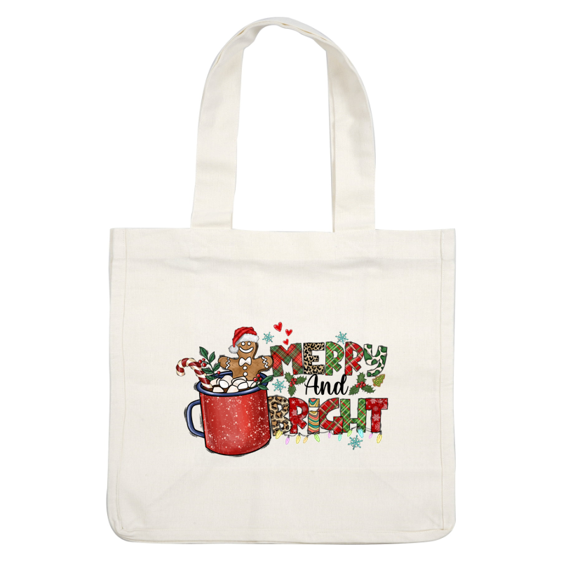 A festive design featuring a red mug with marshmallows and a gingerbread man, decorated with "Merry Bright" in colorful letters.DTF Transfersdtf regular iron