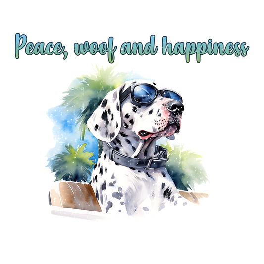 Un alegre dálmata con gafas de sol se relaja bajo las palmeras, encarnando el espíritu de "Paz, guau y felicidad".