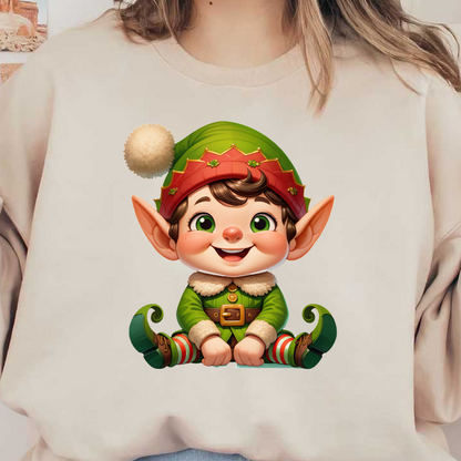 A cheerful, cartoon-style elf with big ears, wearing a vibrant green outfit and festive red hat, sits smiling warmly.DTF Transfers heat press transfers