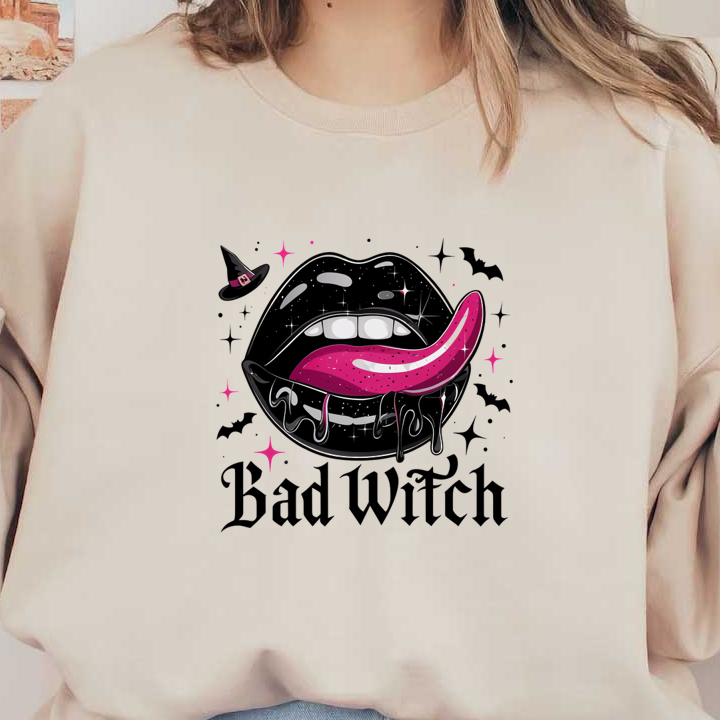 Un gráfico vibrante que presenta labios negros brillantes con una divertida lengua rosa, rematado con un sombrero de bruja y el texto "Bad Witch".