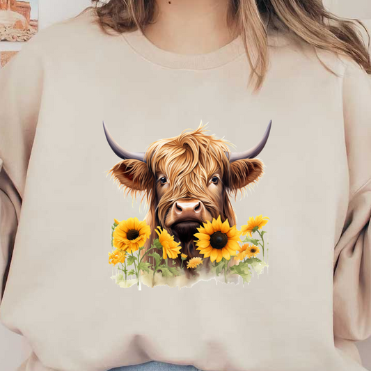 Una encantadora vaca de las Highlands rodeada de vibrantes girasoles, que muestra su distintivo pelo largo y su expresión gentil.