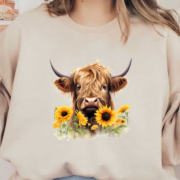 Una encantadora vaca de las Highlands con un pelaje largo y suelto rodeada de girasoles vibrantes, que captura una esencia alegre y rústica.