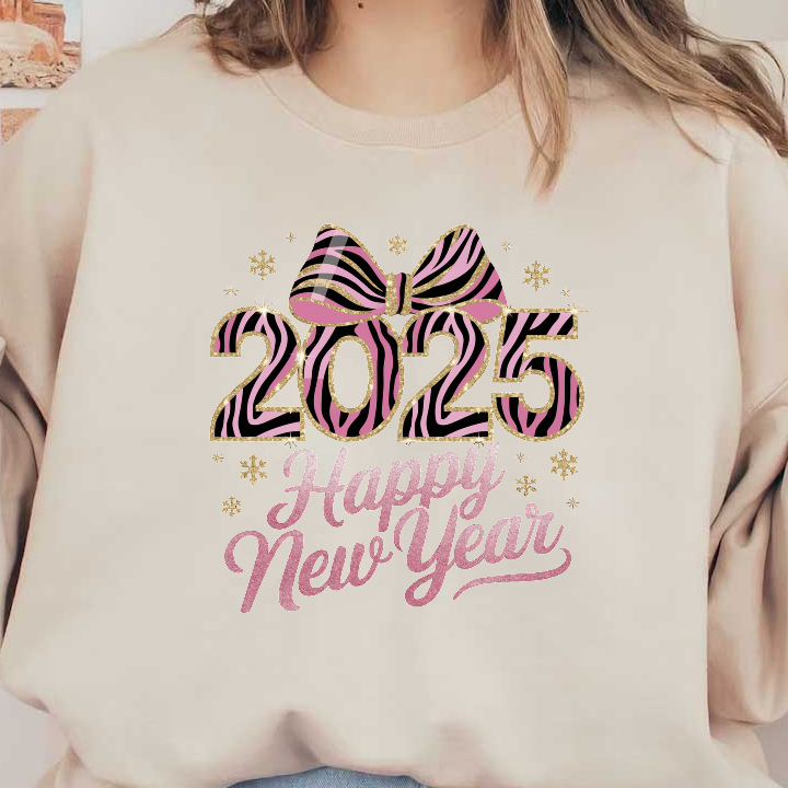 Celebrate the New Year with this vibrant, glittery design featuring the year 2025, pink zebra stripes, and festive snowflakes!DTF Transfers