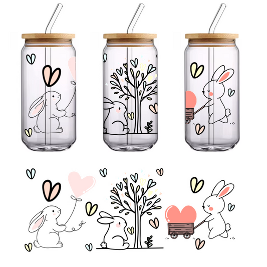 A pink heart balloon in a brown basket surrounded by hearts and confetti.UV Transfers