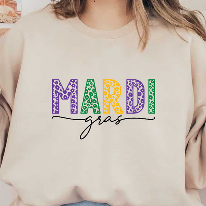 Celebrate Mardi Gras with vibrant, multicolored lettering featuring purple, green, and yellow hues, complemented by a stylish script.DTF Transfers