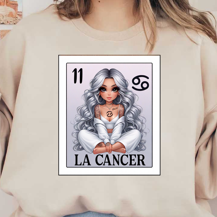 Un personaje del signo zodiacal Cáncer bellamente ilustrado con cabello largo plateado, adornado con un atuendo blanco y que muestra tatuajes intrincados.