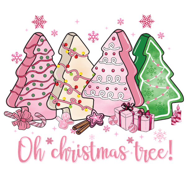 Cheerful illustration of colorful Christmas trees with decorations, accompanied by gifts and the festive phrase "Oh Christmas tree!" dtf transfers