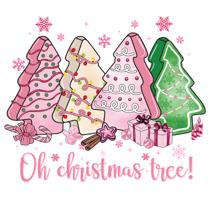 Cheerful illustration of colorful Christmas trees with decorations, accompanied by gifts and the festive phrase "Oh Christmas tree!" dtf transfers